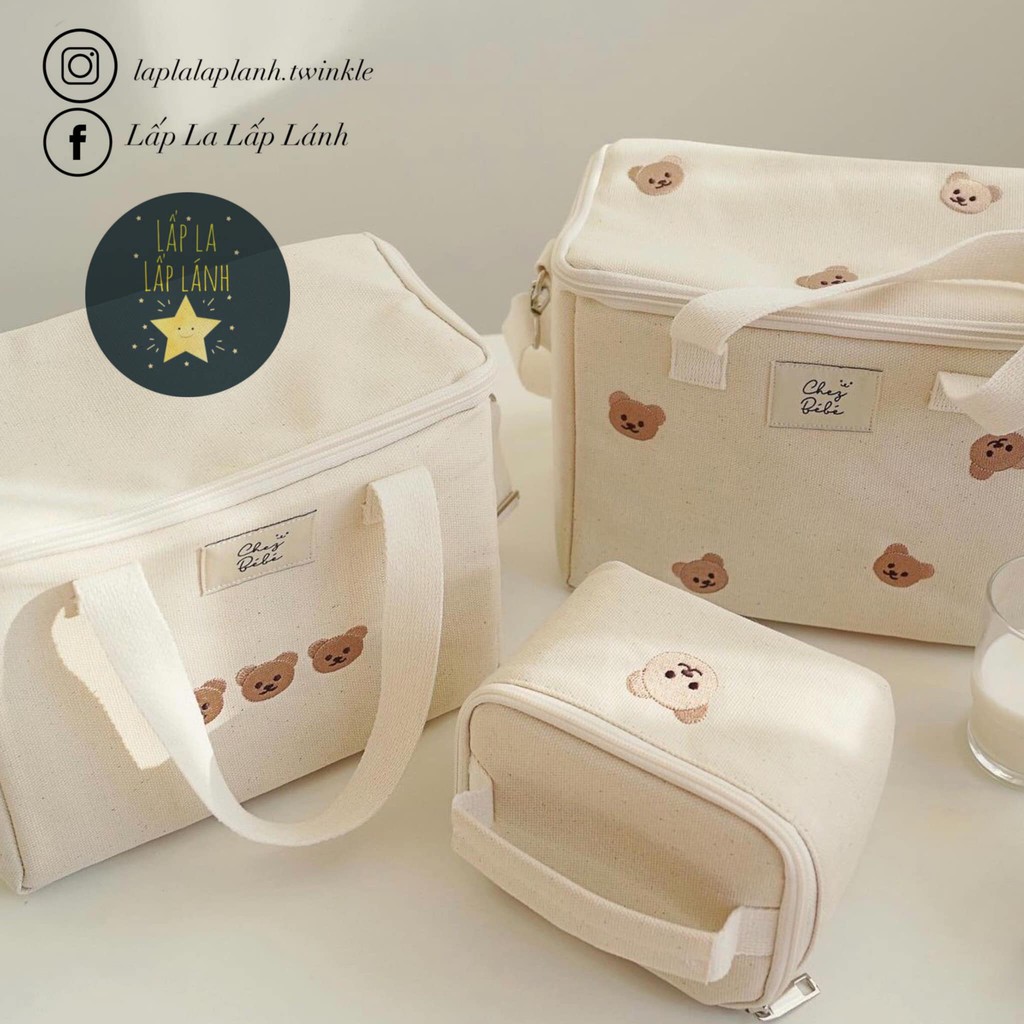 [ Có sẵn ] Túi Giữ Nhiệt Gấu Chezbebe #madeinKorea, túi bỉm sữa, chống thấm, canvas