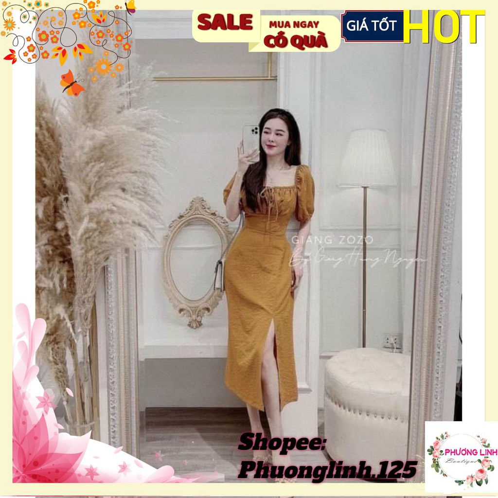 VÁY ĐŨI HỒNG/NÂU CỔ VUÔNG RÚT DÂY XẺ TÀ | BigBuy360 - bigbuy360.vn