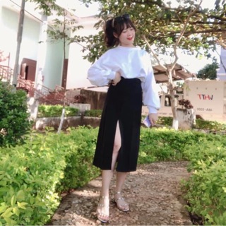 📣Set Váy Xẻ Tà + Croptop Tay Dài Trơn
