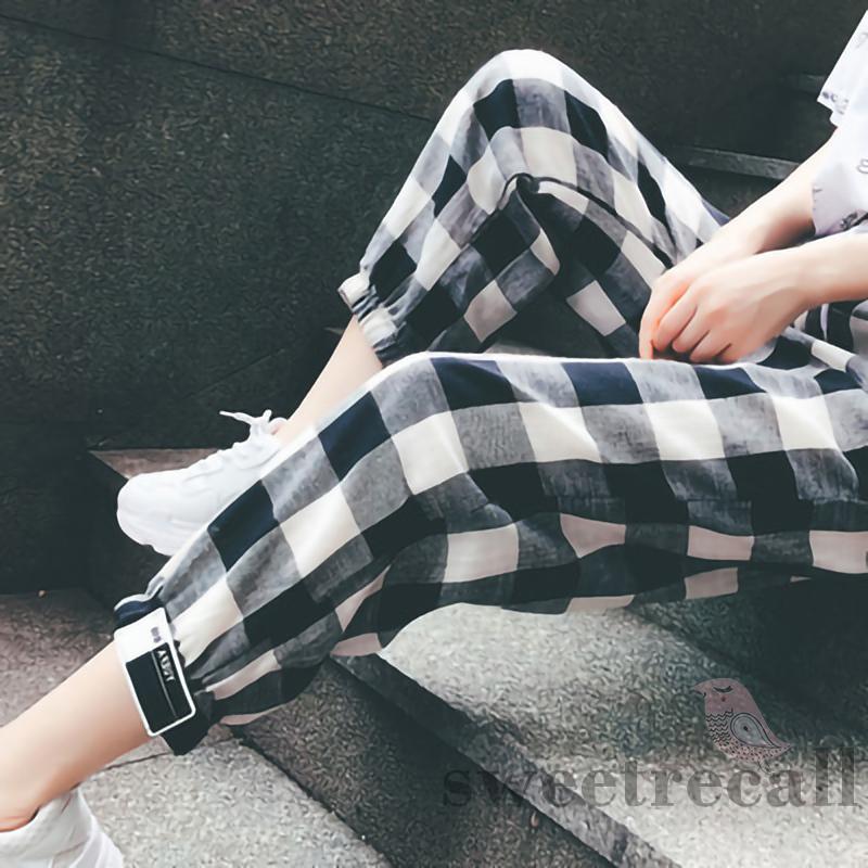 SWT-YS-Female Trousers, Women’ s Plaid High Waist Long Harem Pants with Drawstring for Spring Summer, S/M/L/XL/XXL