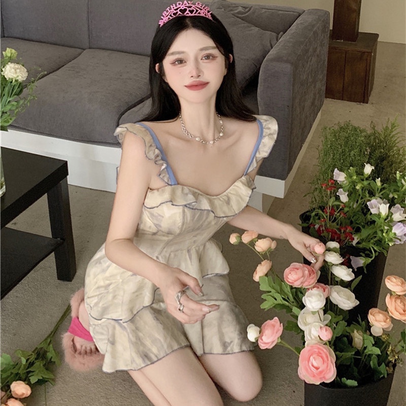 Đầm Hai Dây Nhún Bèo Màu Nhuộm Tie-Dye Thời Trang Mùa Hè