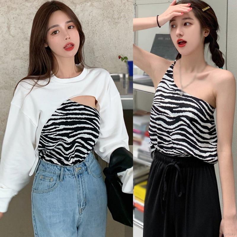 Set áo ngắn họa tiết sọc ngựa vằn kèm áo khoác ngoài tay dài thời trang nữ