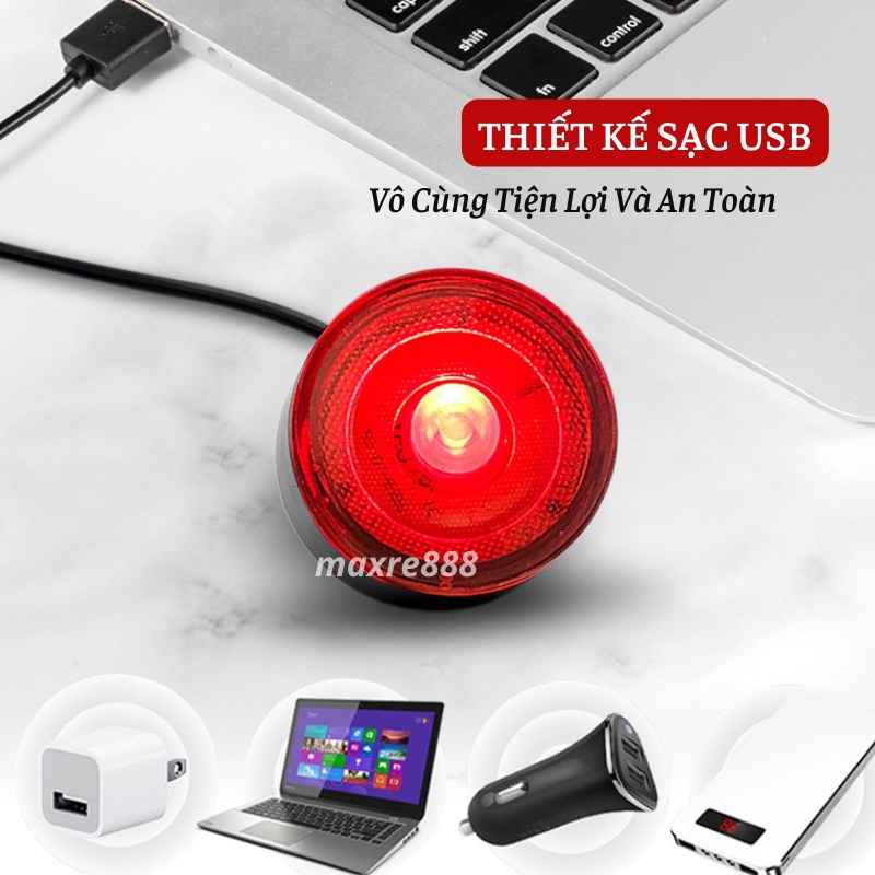 Đèn Led Xe Đạp Thể Thao Gắn Trước Sau, Đen Báo Hiệu Nhiều Chế Độ Sáng Chống Nước Sạc USB
