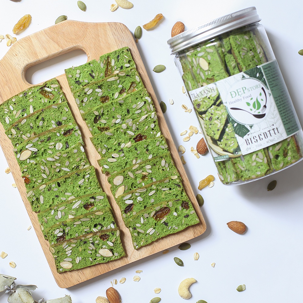 Bánh BISCOTTI Nguyên Cám Vị Matcha Đẹp Store - Bánh Ngũ Cốc Nướng Ăn Kiêng Không Đường