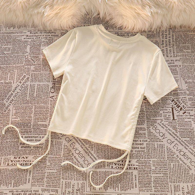 Áo Tay Ngắn Dây Rút In Hình Mỹ Mùa Thu Cho Nữ + Quần Ống Rộng Thường Ngày Và Quần 2 Chiếc