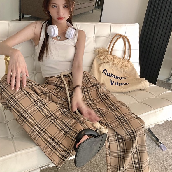 Quần dài ZHELIHANGFEI dáng rộng lưng cao họa tiết caro phong cách học đường thời trang dành cho nữ
