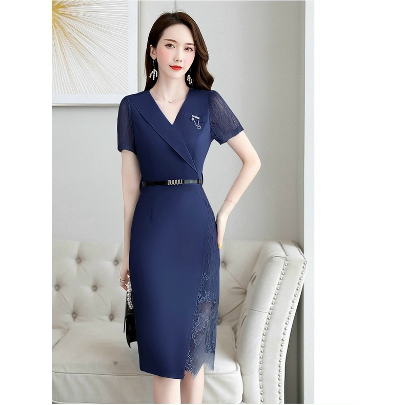 Váy đầm dự tiệc trung niên cho mẹ màu xanh đen sang trọng cổ vest tay lỡ Linhnastore