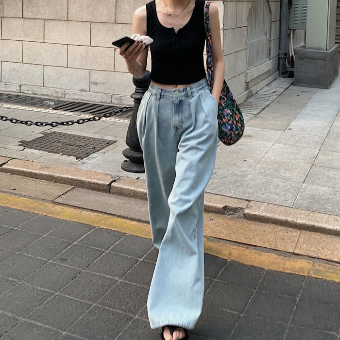 Quầnjeandài ống rộng lưng cao phong cách retro cho n