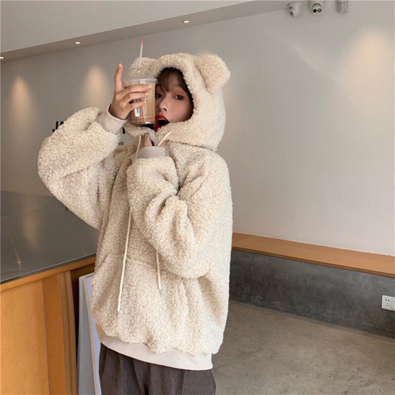 Áo Hoodie Gấu - Áo Hoodie Lông Cừu Mũ Gấu Lót Bông | Ảnh Thật Cận Chất |