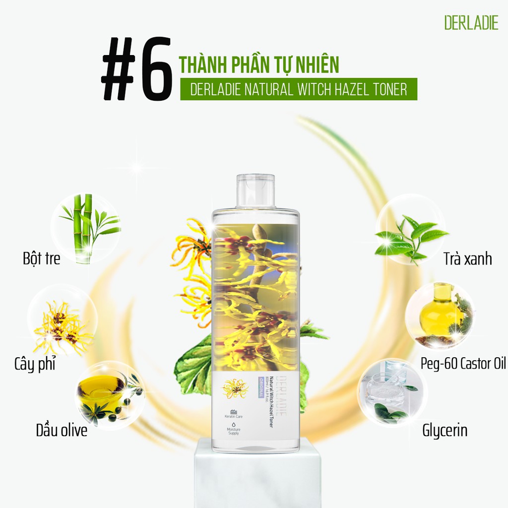 Bộ đôi làm sạch, cấp ẩm Nước tẩy trang Derladie Cleansing Water Witch Hazel, Nước cân bằng Natural Witch Hazel Toner