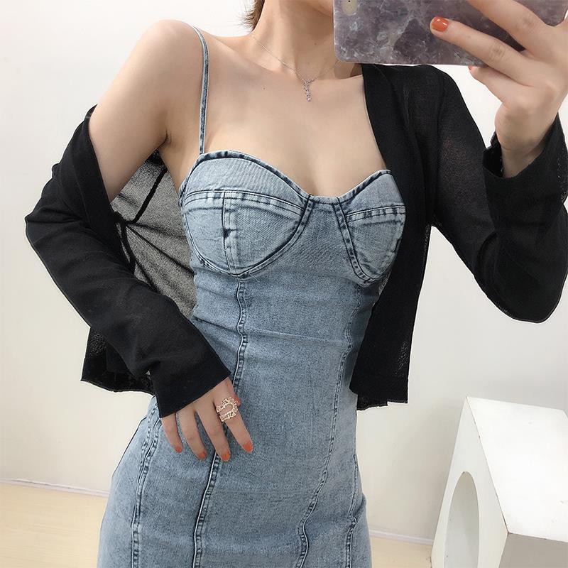 Set Đầm Yếm Denim Và Áo Thun Tay Dài Thời Trang Hàn Quốc 2020 Cho Nữ