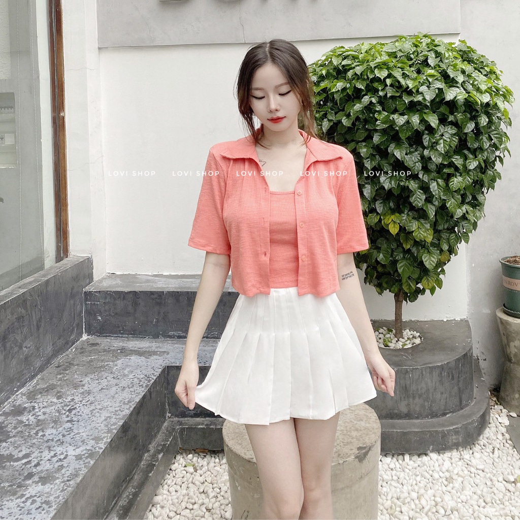 LOVI SHOP - Set áo croptop sơ mi+ áo hai dây basic thun tăm gân mềm LOVI