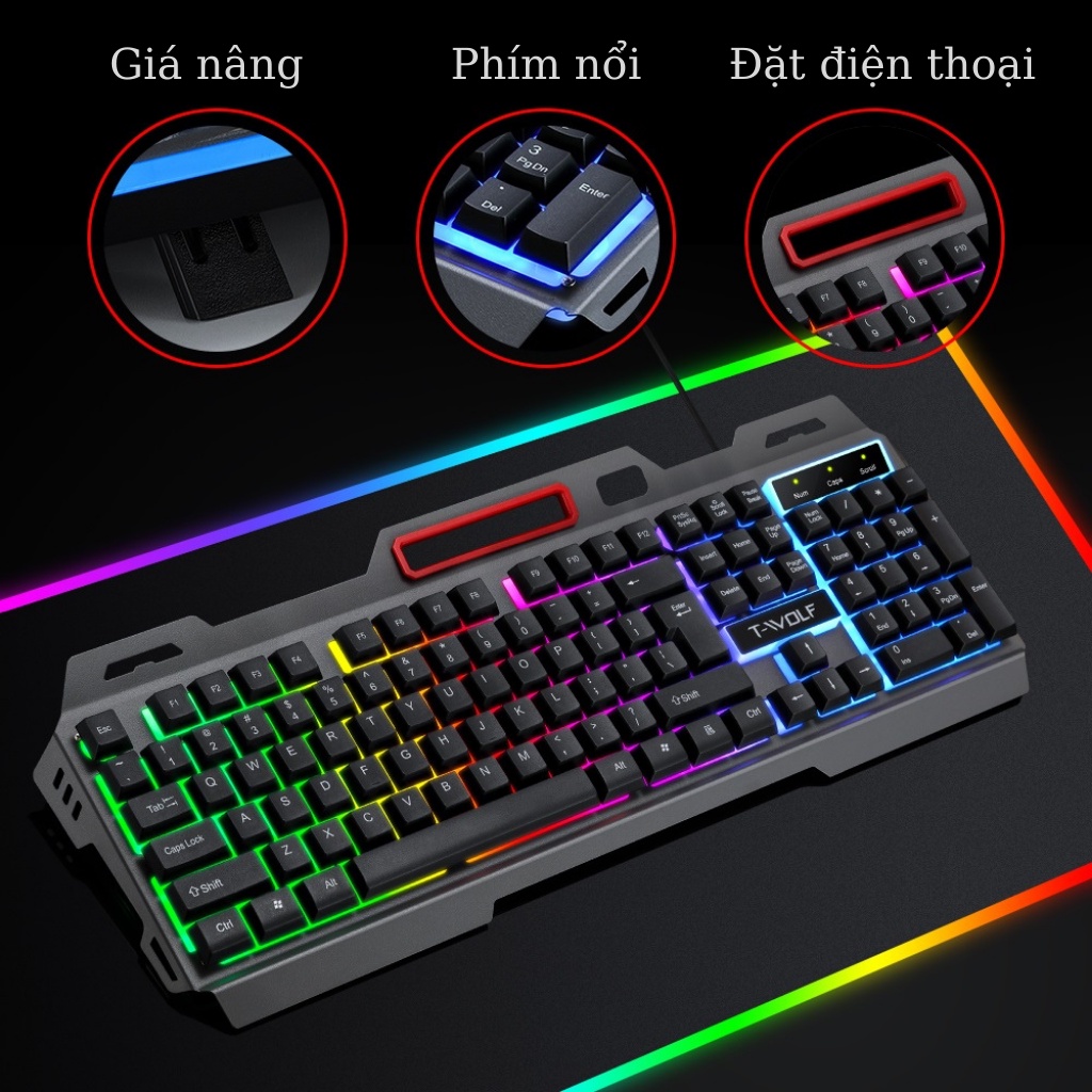 Bàn phím giả cơ chuyên gaming T16 thế hệ mới chính hãng T-Wolf, led 7 màu ấn tượng đỉnh cao dành cho game thủ