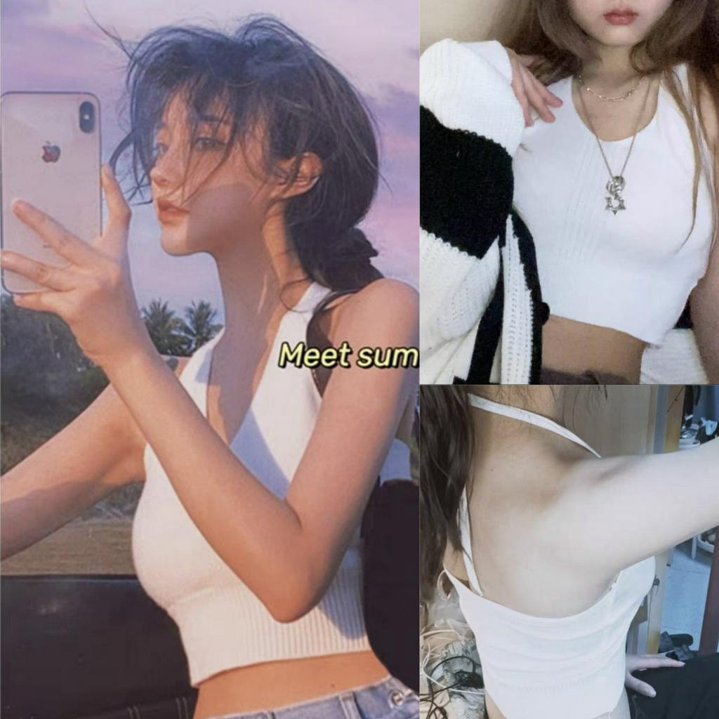 Áo Croptop Dệt Kim Sát Nách Cổ Chữ V Màu Trơn Thời Trang Cho Nữ