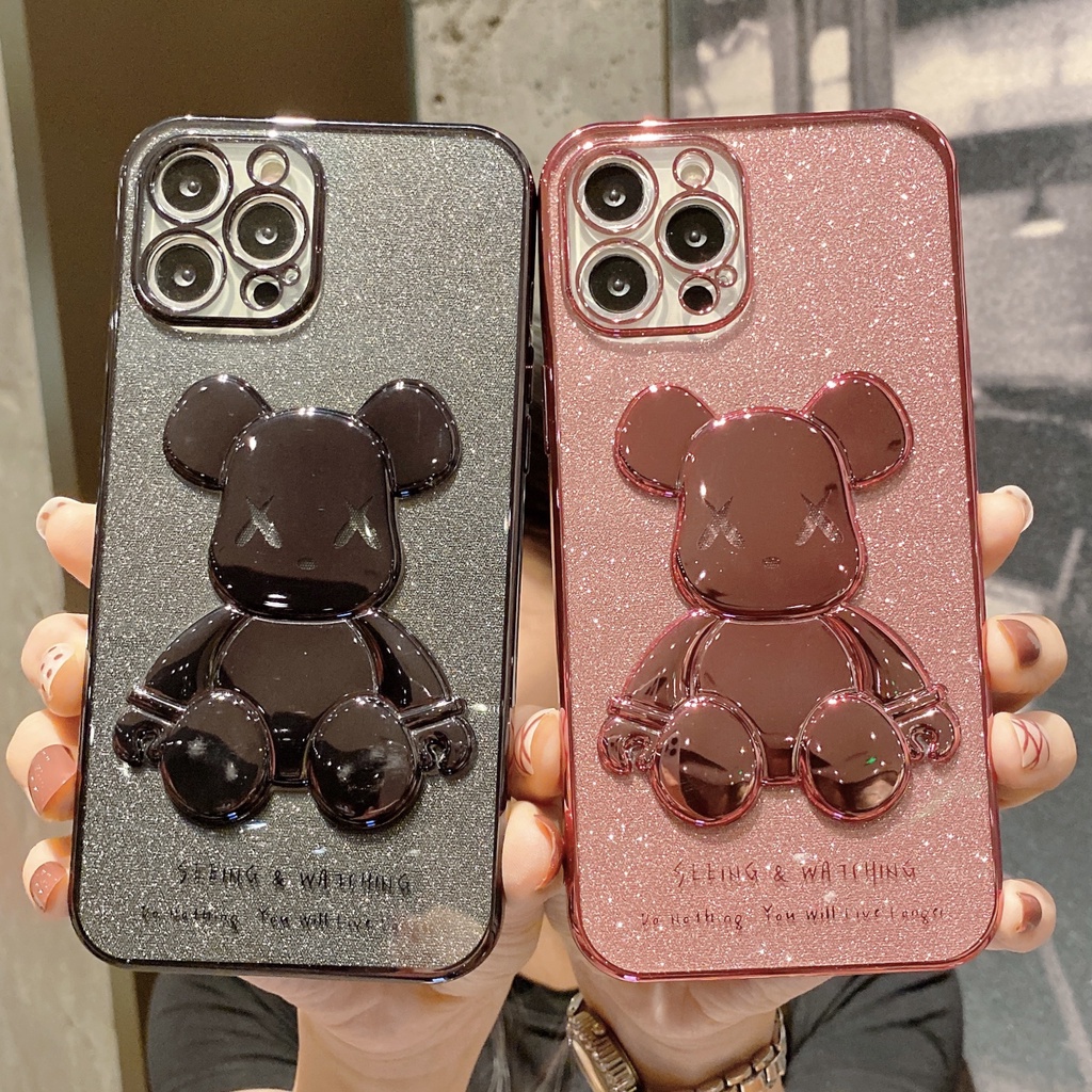 Ốp Điện Thoại Cạnh Vuông Mạ Điện Họa Tiết Gấu Cho iPhone 13 12 11 Pro Max XS Max XR X