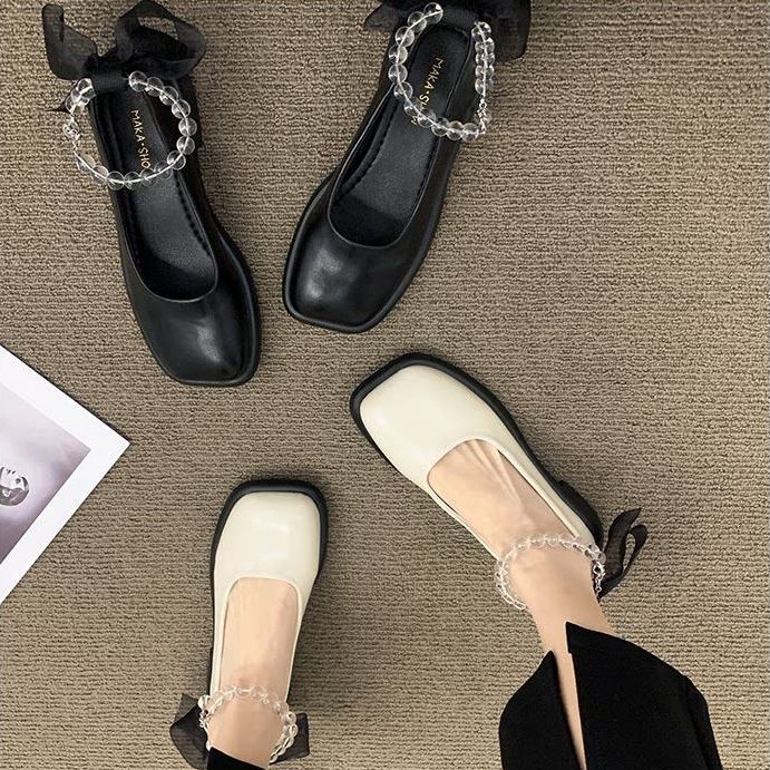 Giày Búp Bê Da Mũi Vuông Đính Nơ Thời Trang Cho Nữ