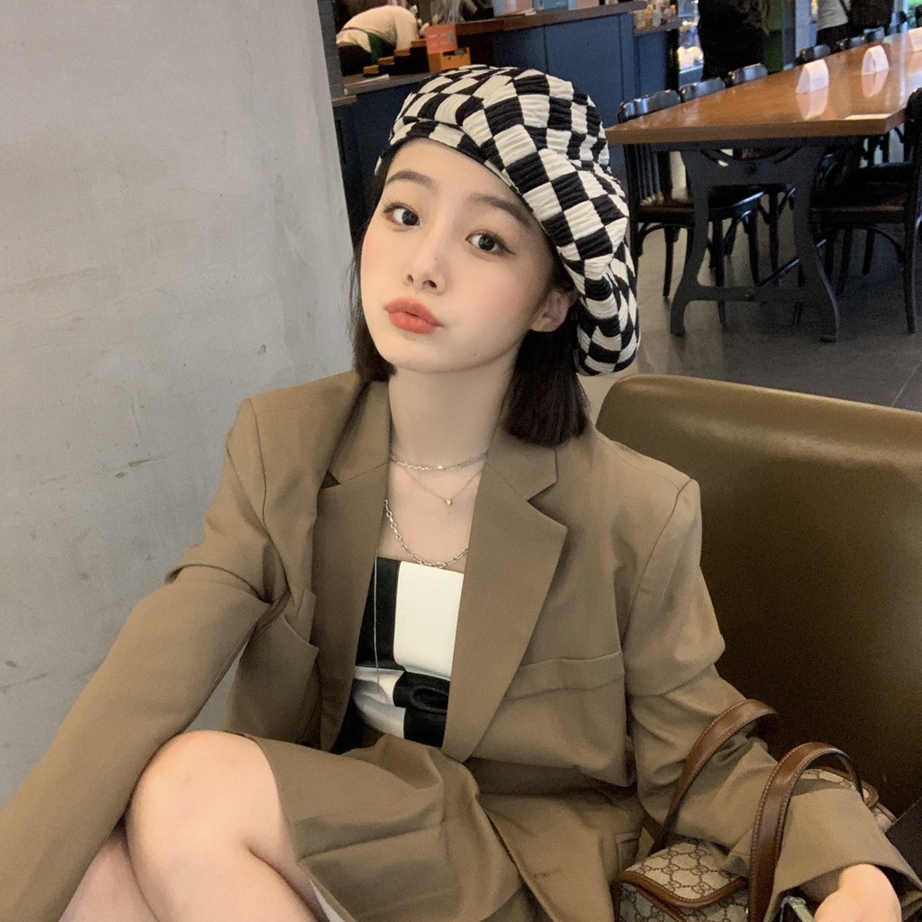 Mũ Beret Họa Tiết Sọc Caro Thời Trang Xuân Thu Phong Cách Hàn Quốc Cho Nữ