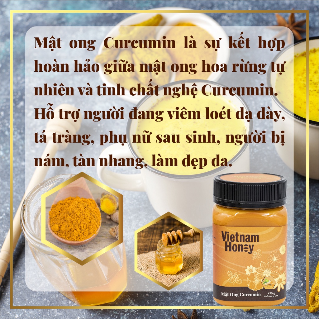 Bộ đôi mật ong Hoa rừng &amp; Curcumin Vietnamhoney Beera giúp ăn ngon, tiêu hóa tốt(2 lọ x 470g)