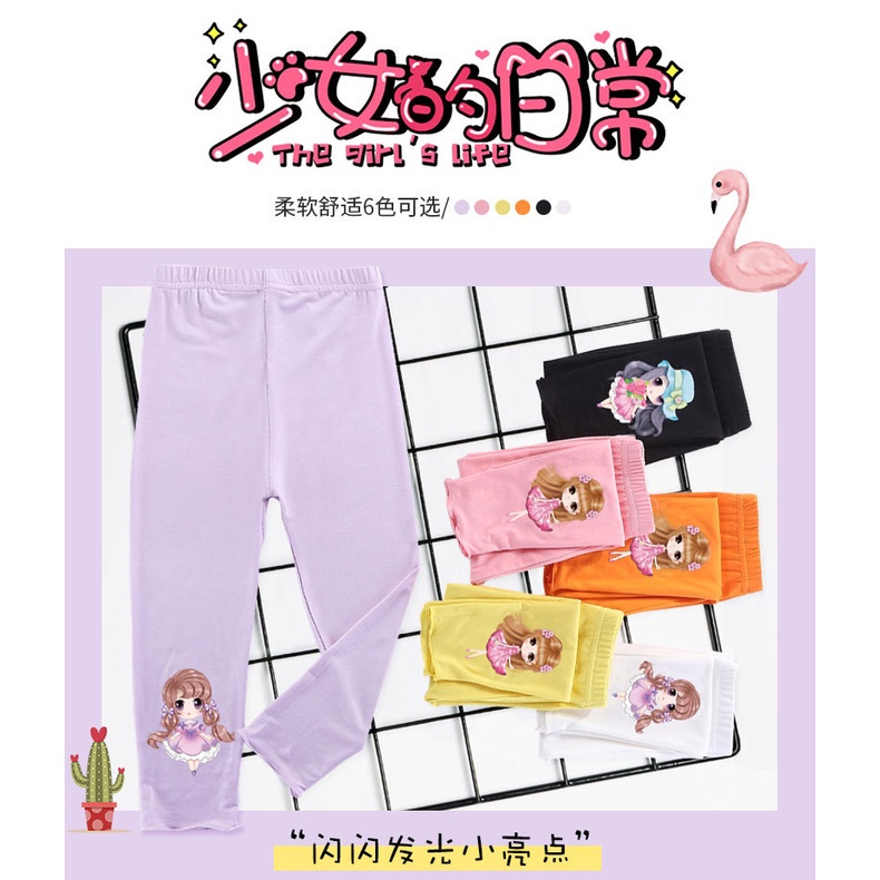 Quần legging cotton co giãn màu kẹo in hoạt hình cho bé gái