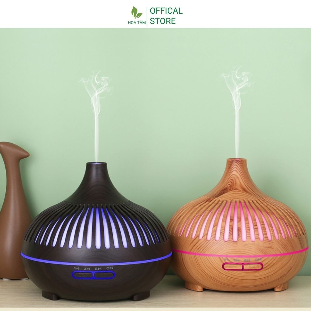 Máy xông tinh dầu phòng ngủ khuếch tán hương thơm, cổ cao vân gỗ, có điều khiển 550ml đèn led 7 màu