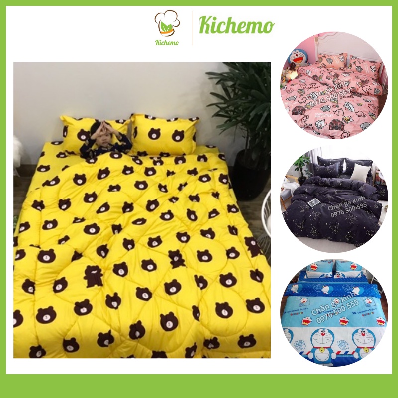 Trọn Bộ 5 Món Ga Gối Chăn Phao Poly Cotton Kichemo Có Ruột Bông Dày Loại 1 ( Nhắn Chọn Mẫu )