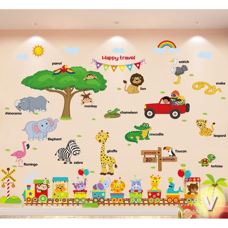 Decal dán tường Vườn thú tiếng anh và đoàn xe