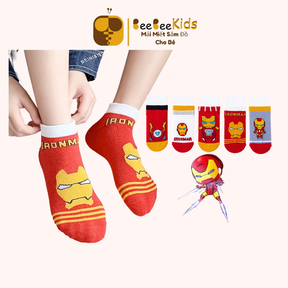Tất Bé Trai Cổ Ngắn Họa Tiết Hoạt Hình Vớ Siêu Anh Hùng Người Sắt Từ 0-10 Tuổi - Set 5 Đôi BEEBEEKIDS