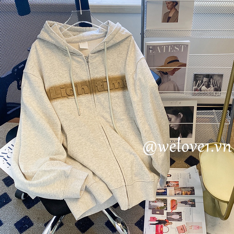 Áo Khoác Hoodie Dáng Rộng Có Khóa Kéo In Chữ Thời Trang Xuân Thu Cho Nữ