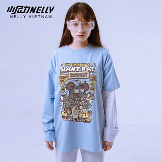 Áo thun tay lỡ NELLY cotton dáng unisex in hình giant rat