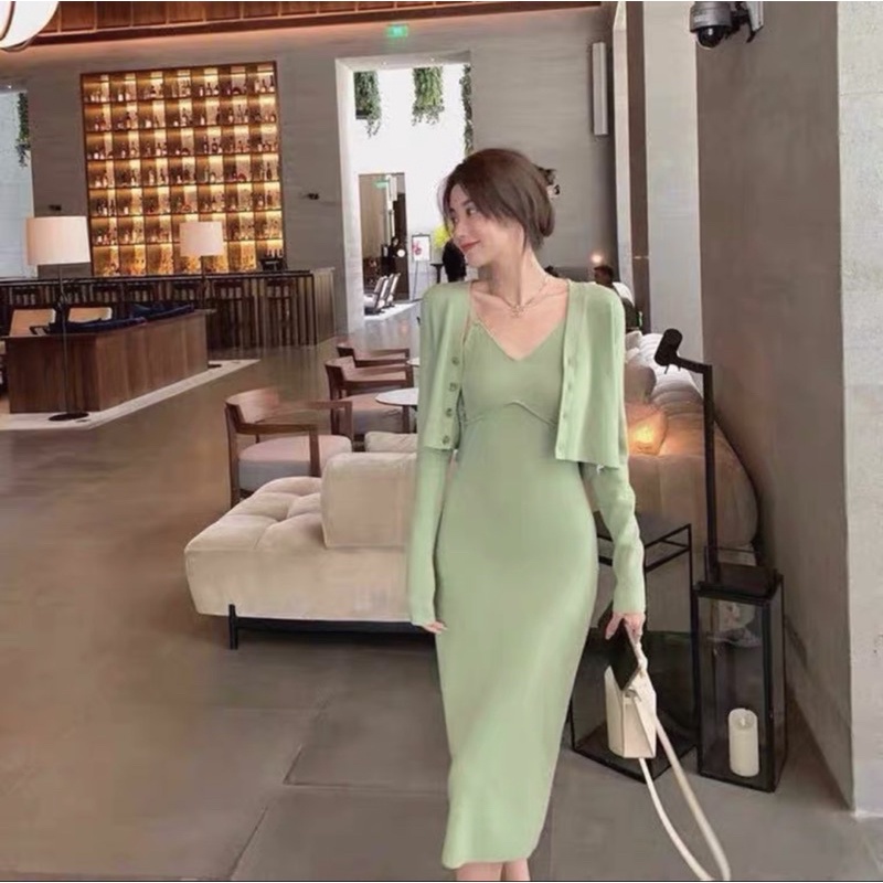 Set Đầm Len Ôm Body Dáng Dài Kèm Áo Khoác Cardigan Set Váy 2 Dây
