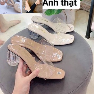 Dép nữ cao 5 phân gót trong thời trang quai trong mica.