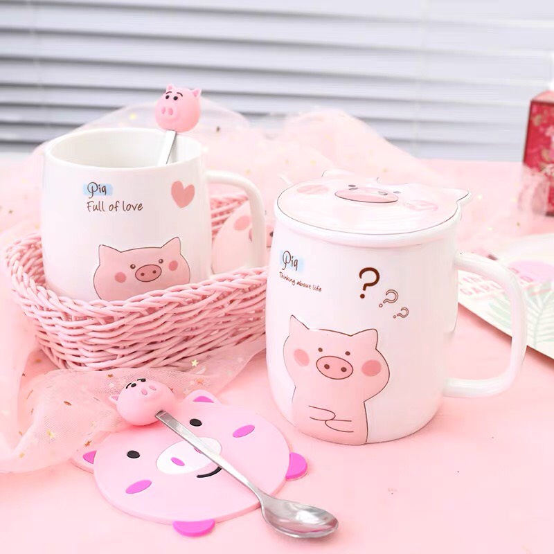 Tô mì heo nắp hồng ngộ nghĩnh, cốc uống nước mặt heo, đồ dùng ăn dặm 11.39