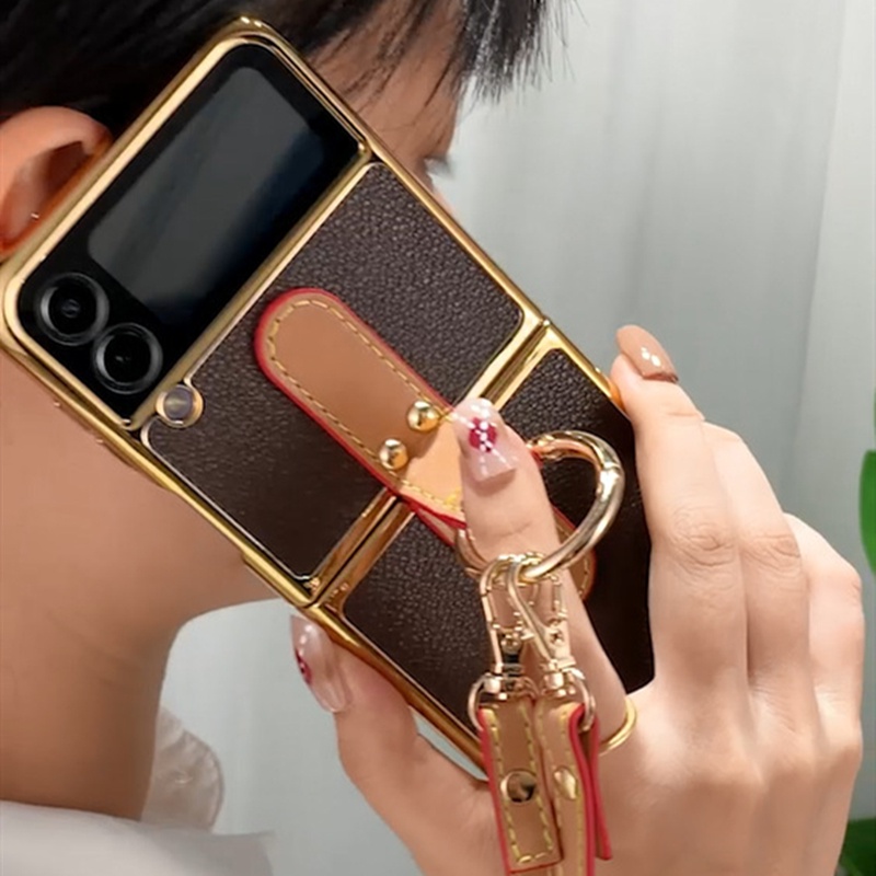 Ốp Điện Thoại Cứng Phối Da Kèm Móc Xỏ Ngón Cho Samsung Galaxy Z Flip 4 Samsung Z Flip 3 5G