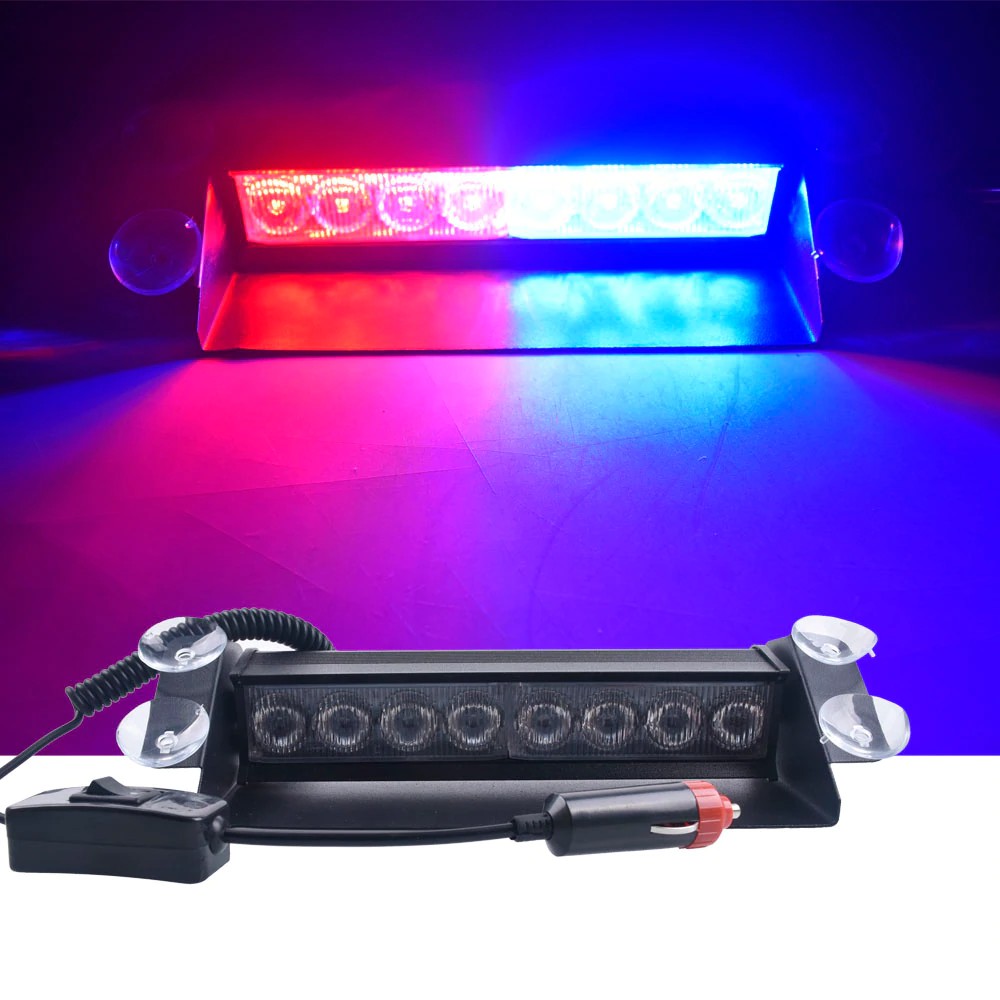 Đèn chớp Police xanh đỏ 12V 8W 8 LED gắn kính lái cho xe cảnh sát, xe ưu tiên