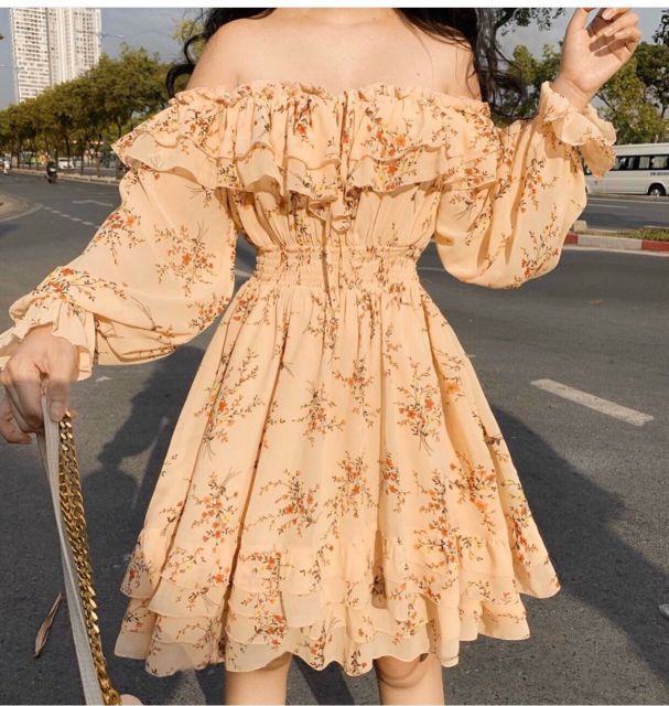 SẴN HÀNG -Đầm voan hoa nhí trễ vai- Full 3 màu