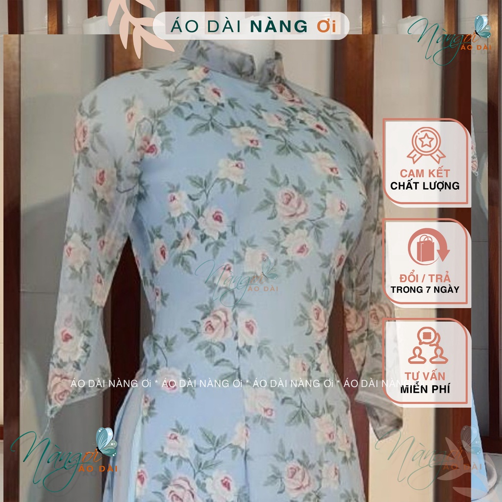 Áo Dài Hoa Nhí 4 Tà Xanh Hoa Hồng Truyền Thống Lụa Tơ Hoa Đẹp