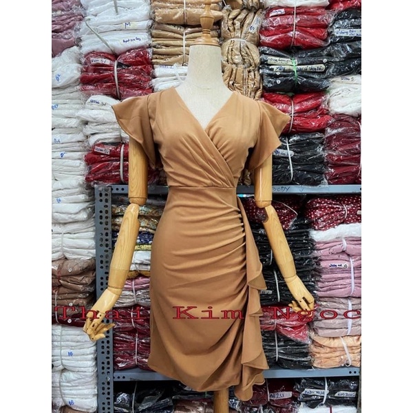 Đầm dáng ôm body tay rũ bèo màu nâu tây