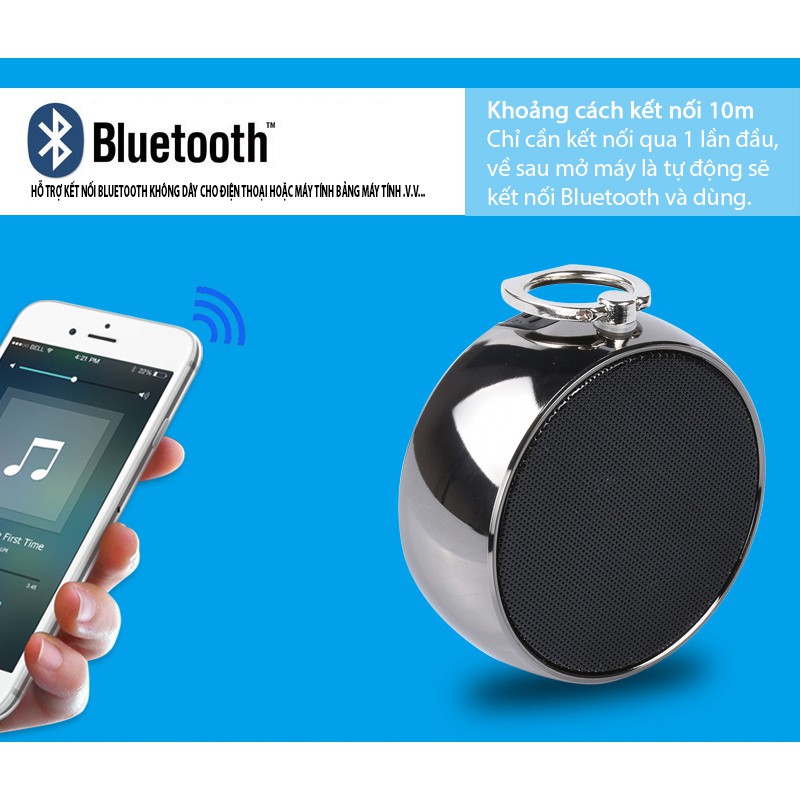 Loa Bluetooth Vỏ Thép Âm Bass mạnh mẽ, Công Suất 5W, Có Cáp Liên Kết, Cắm Được Thẻ Nhớ, Có Móc treo tiện dụng