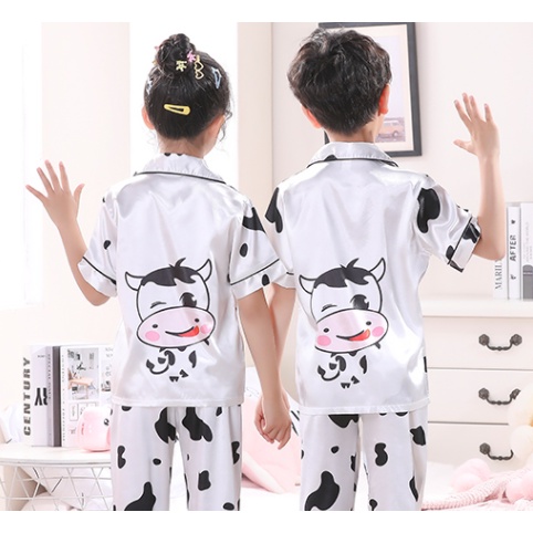 Kids Sleepwear Cute Cow Pattern Children Pyjamas Satin Silk Short Sleeve Nightwear