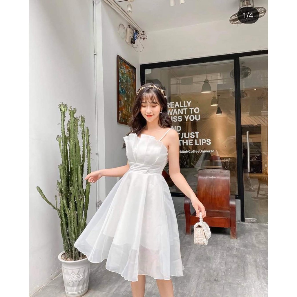 Đầm Dự Tiệc Nữ Trắng Dễ Thương 2 Dây Xòe Xếp Li ⚡FREESHIP⚡ Váy Dự Tiệc Cưới, Dạo Phố Cực Chất [mẫu mới may 2 lớp]