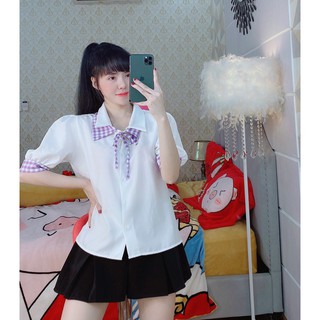 Áo sơ mi cổ viền tay phối caro cột nơ cổ xinh, chất kate lụa mềm mịn mát