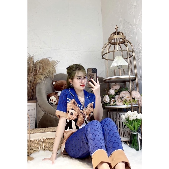 (Dưới 65kg) Đồ bộ pijama mặc nhà LỤA MANGO tay ngắn quần dài - tay dài quần dài in 2 mặt thiết kế cao cấp hình gấu GG