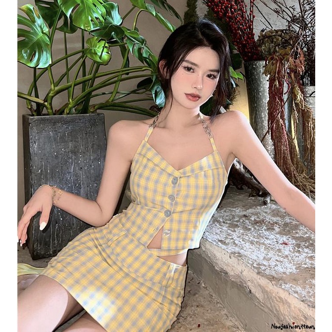 Set Áo Lửng 2 Dây Hở Lưng + Chân Váy Ngắn Lưng Cao Phong Cách Vintage Thời Trang Mùa Hè Cho Nữ Y2K
