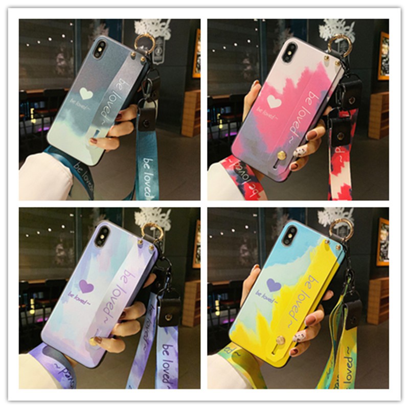 IPhone 12 Mini 11 Pro Max X XS Max XR 7 8 Plus 4 Colors Abstract Color Love Soft TPU Case Full Cover + Wristband+Long Rope GNC 614 - 617