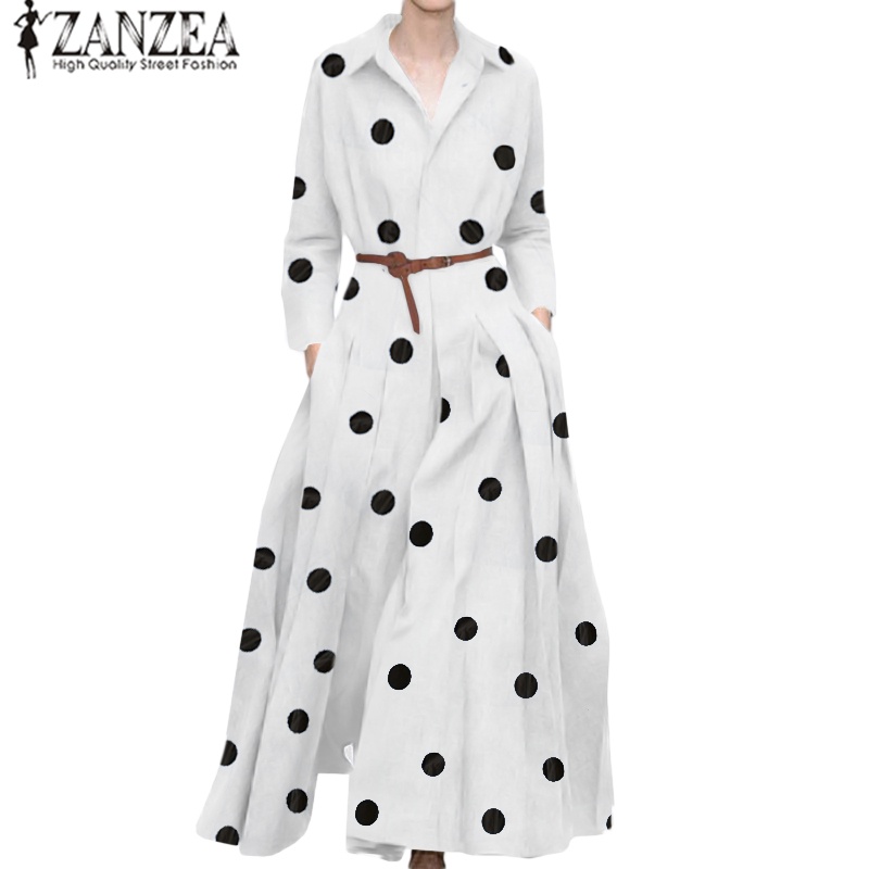 Đầm maxi ZANZEA xếp ly cổ bẻ họa tiết chấm bi dành cho nữ
