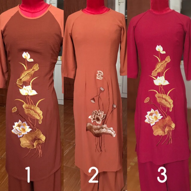 Áo dài vải đũi thêu hoa sen đi chùa siêu đẹp