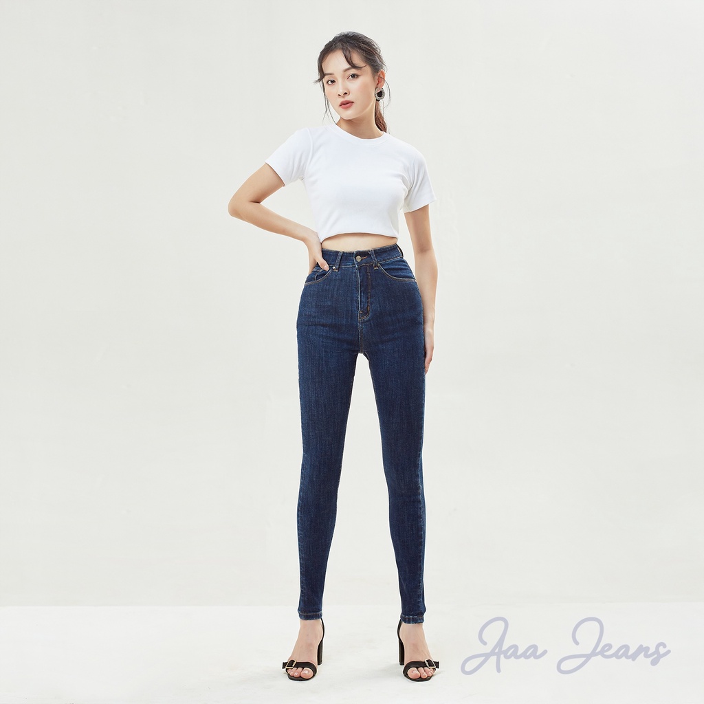 Quần Bò Nữ Cạp Cao Ôm Dáng Skinny Xanh Đậm Aaa Jeans