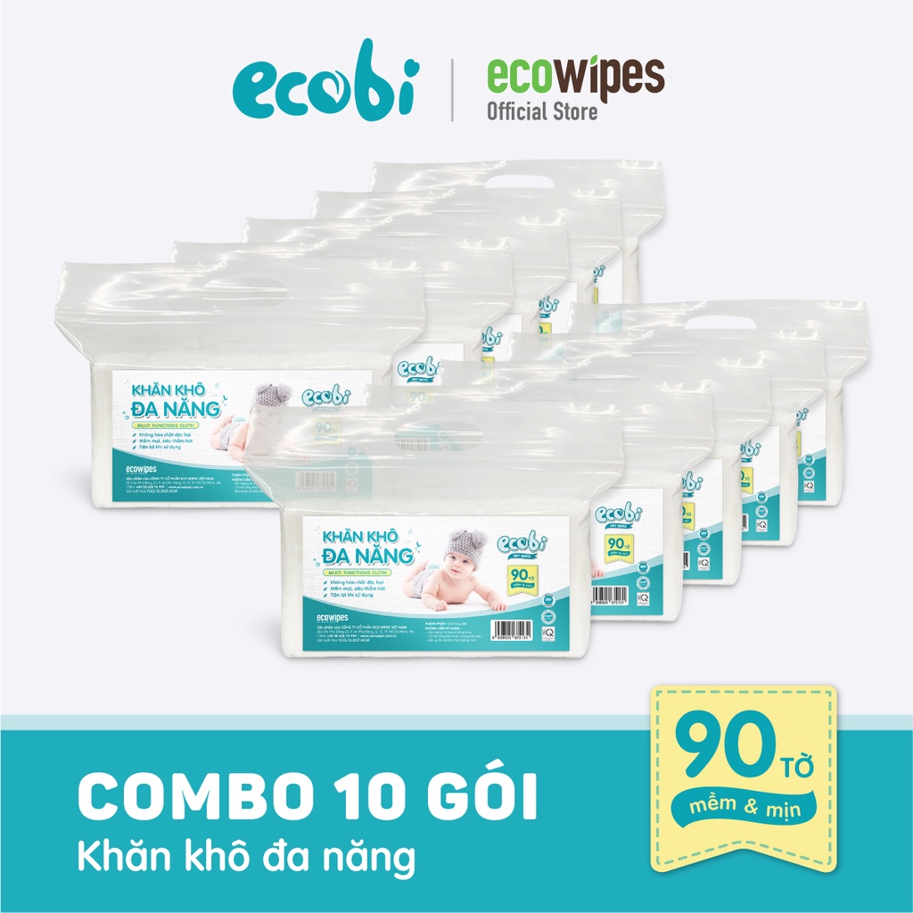 Combo 10 túi KHĂN KHÔ ĐA NĂNG ECOBI 90 tờ - Dùng thay khăn sữa, an toàn cho trẻ sơ sinh