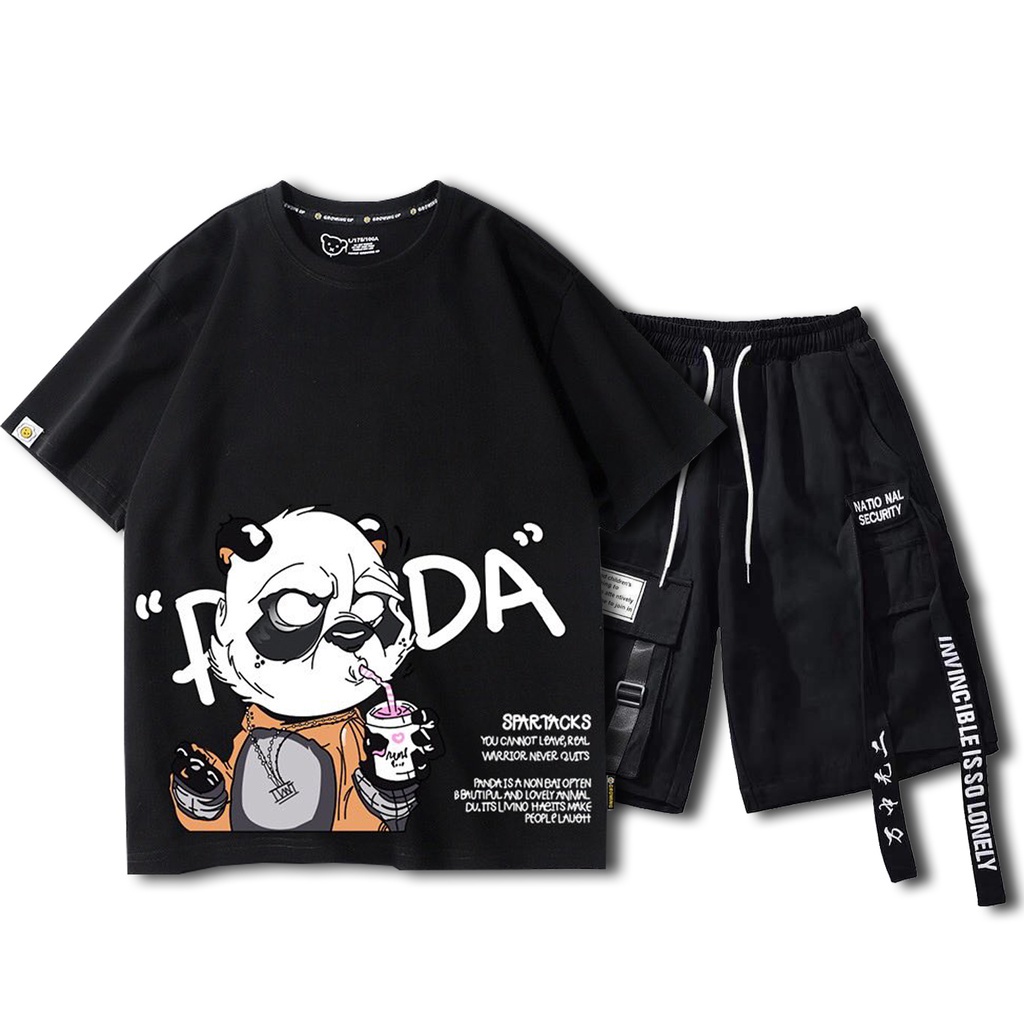 Bộ Quần Áo Nam Nữ Unisex Cộc Tay In Hình Gấu Trúc Mix Quần Short Phối Dây FrancisB TOP NAM 1000197 + SHORT NAM 1000010
