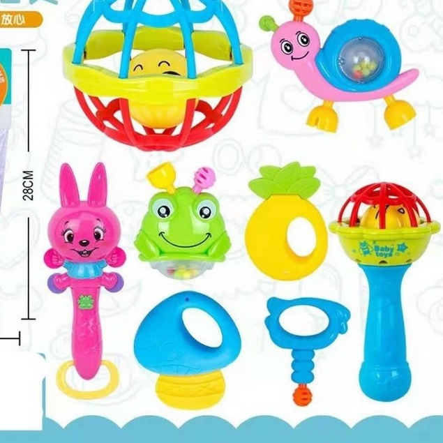 Bộ xúc xắc, lục lạc 8 món ( có quả bóng ) cho béSHOPEMTRANG07Bộ đồ chơi kích thích khả năng cầm nắm của bé